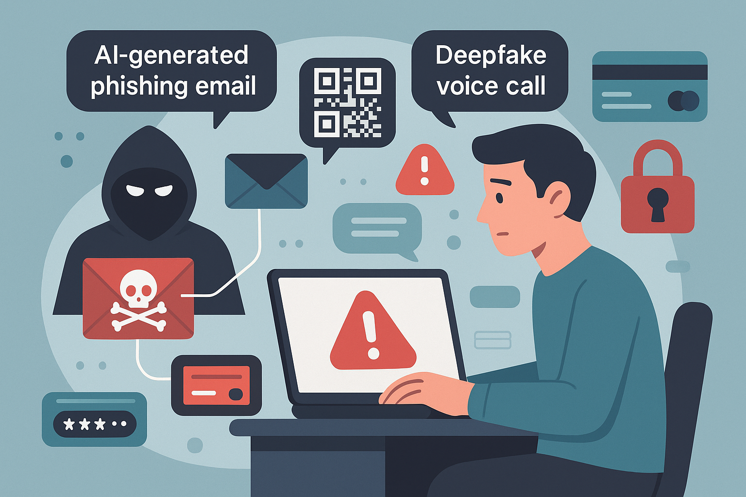 Illustration showing phishing scams through emails, text messages, and phone calls, symbolizing stolen data.