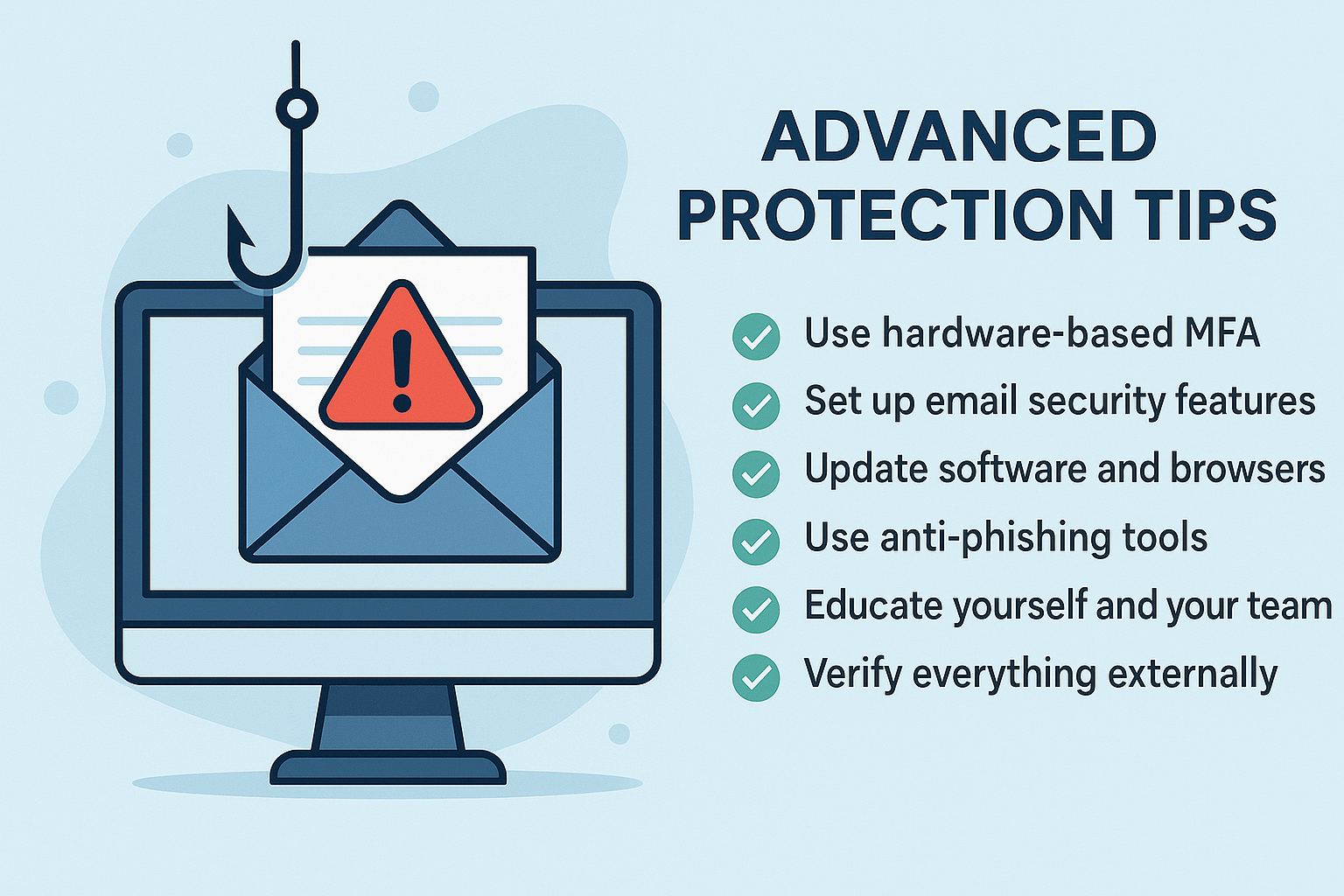 Infographic showing phishing attack warnings and six advanced protection tips, including hardware MFA and anti-phishing tools.