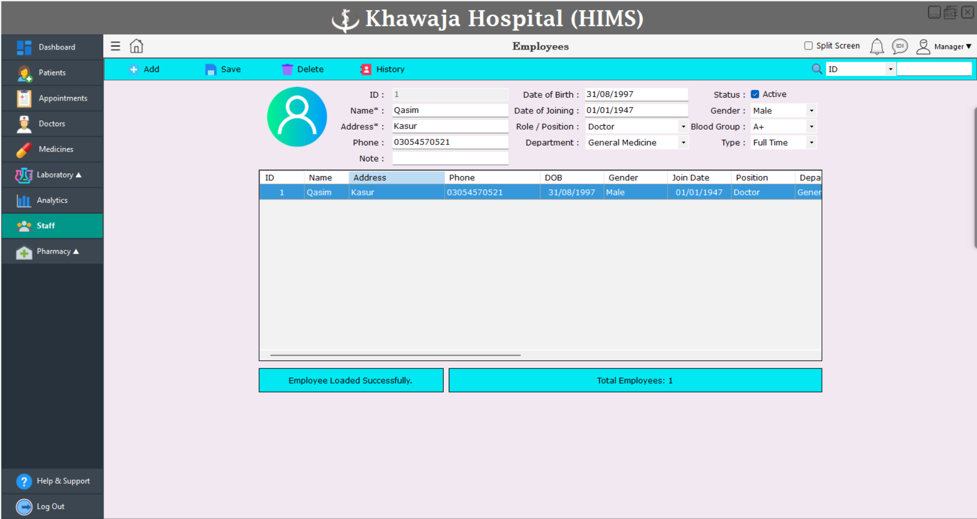 Screenshot of a hospital management system user interface developed by Qasim Qlf using C# and Oracle