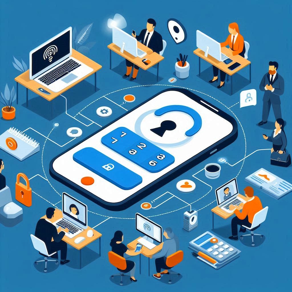 Illustration showing a team enabling Two-Factor Authentication with a smartphone authenticator app and secure login.