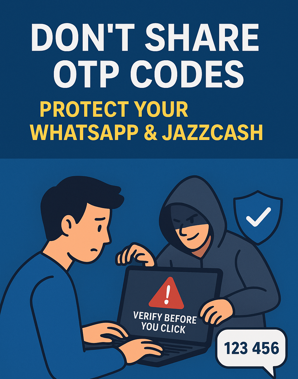 WhatsApp OTP scam warning illustration with mobile phone and security alert.