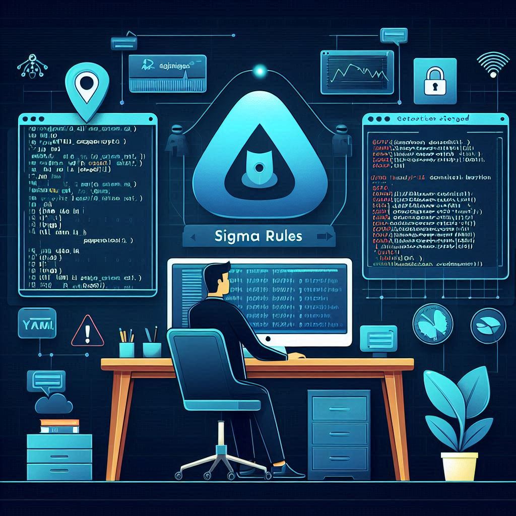 Cybersecurity analyst working with Sigma rules, YAML detections, and SIEM dashboard for threat detection and engineering.