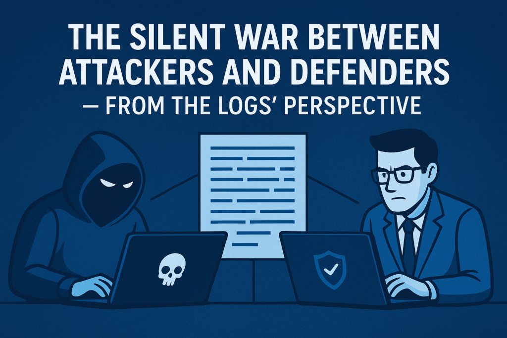Digital illustration showing a cyber battlefield with blue defenders and red attackers, symbolizing cybersecurity conflict viewed from system logs’ perspective.